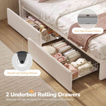 DICTAC | Corner Bed Frame with Storage Drawers, LED Lights & Charging Station, Upholstered Daybed with Adjustable Wavy Headboard - Beige