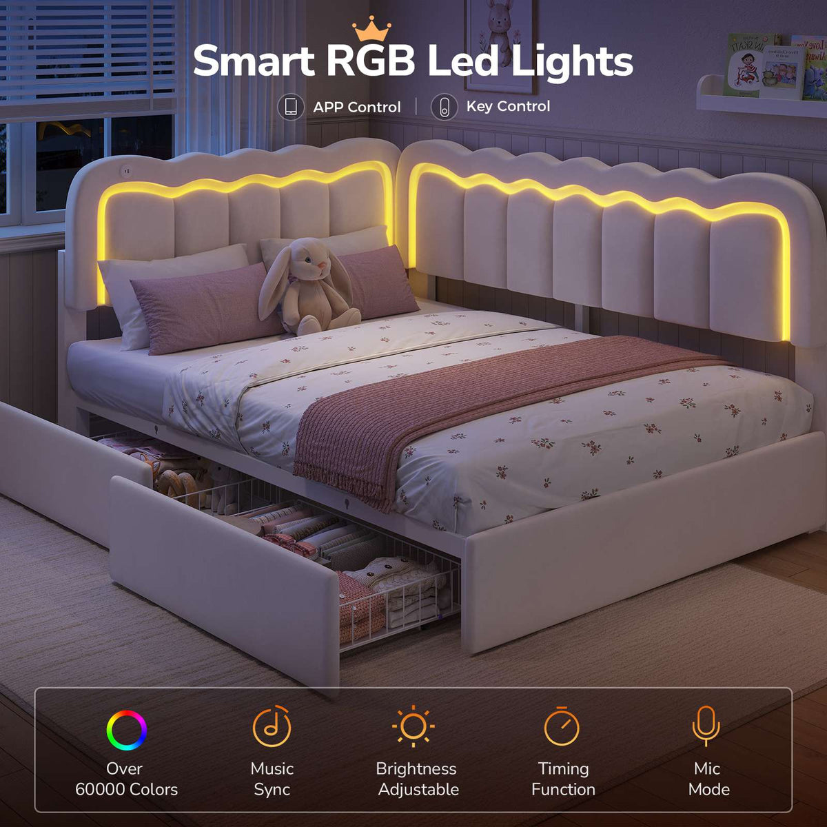 DICTAC | Corner Bed Frame with Storage Drawers, LED Lights & Charging Station, Upholstered Daybed with Adjustable Wavy Headboard - Beige