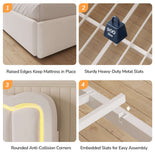 DICTAC | Corner Bed Frame with Storage Drawers, LED Lights & Charging Station, Upholstered Daybed with Adjustable Wavy Headboard - Beige