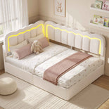 DICTAC | Corner Bed Frame with Storage Drawers, LED Lights & Charging Station, Upholstered Daybed with Adjustable Wavy Headboard - Beige