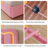 DICTAC | Corner Bed Frame with Storage Drawers, LED Lights & Charging Station, Upholstered Daybed with Adjustable Wavy Headboard - Pink