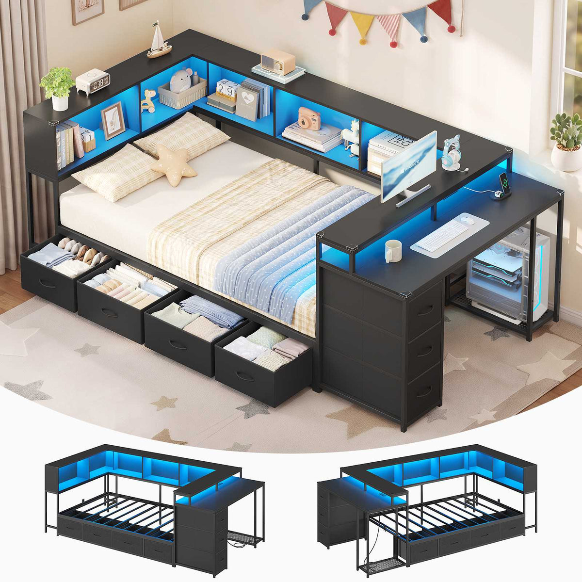 DICTAC | Corner Bed Frame with Computer Desk, Monitor Stand, Storage Shelves, Drawers, Charging Station & RGB LED Lights