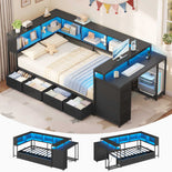 DICTAC | Corner Bed Frame with Computer Desk, Monitor Stand, Storage Shelves, Drawers, Charging Station & RGB LED Lights