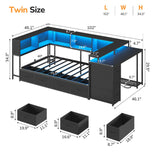 DICTAC | Corner Bed Frame with Computer Desk, Monitor Stand, Storage Shelves, Drawers, Charging Station & RGB LED Lights