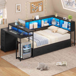 DICTAC | Corner Bed Frame with Computer Desk, Monitor Stand, Storage Shelves, Drawers, Charging Station & RGB LED Lights
