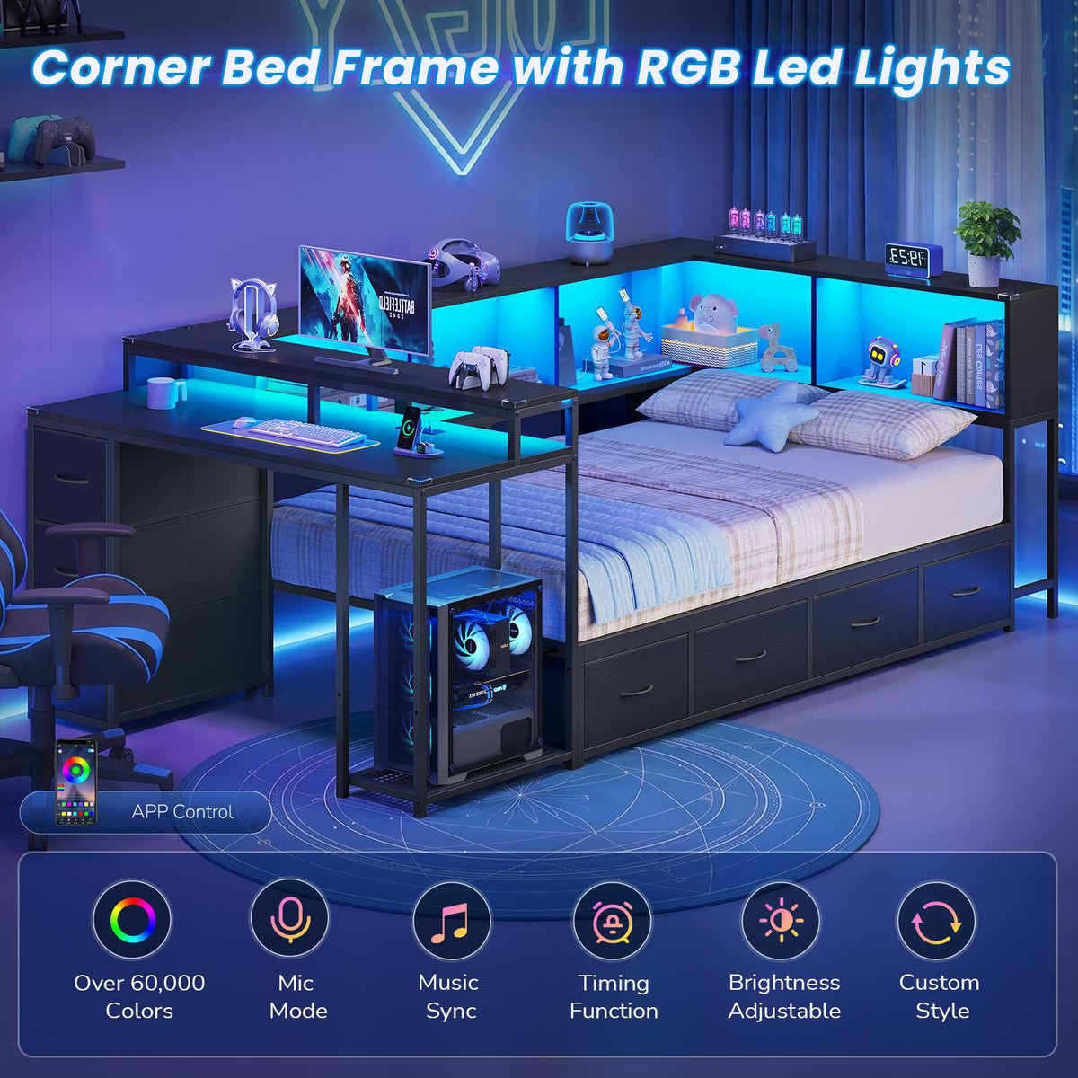 DICTAC | Corner Bed Frame with Computer Desk, Monitor Stand, Storage Shelves, Drawers, Charging Station & RGB LED Lights