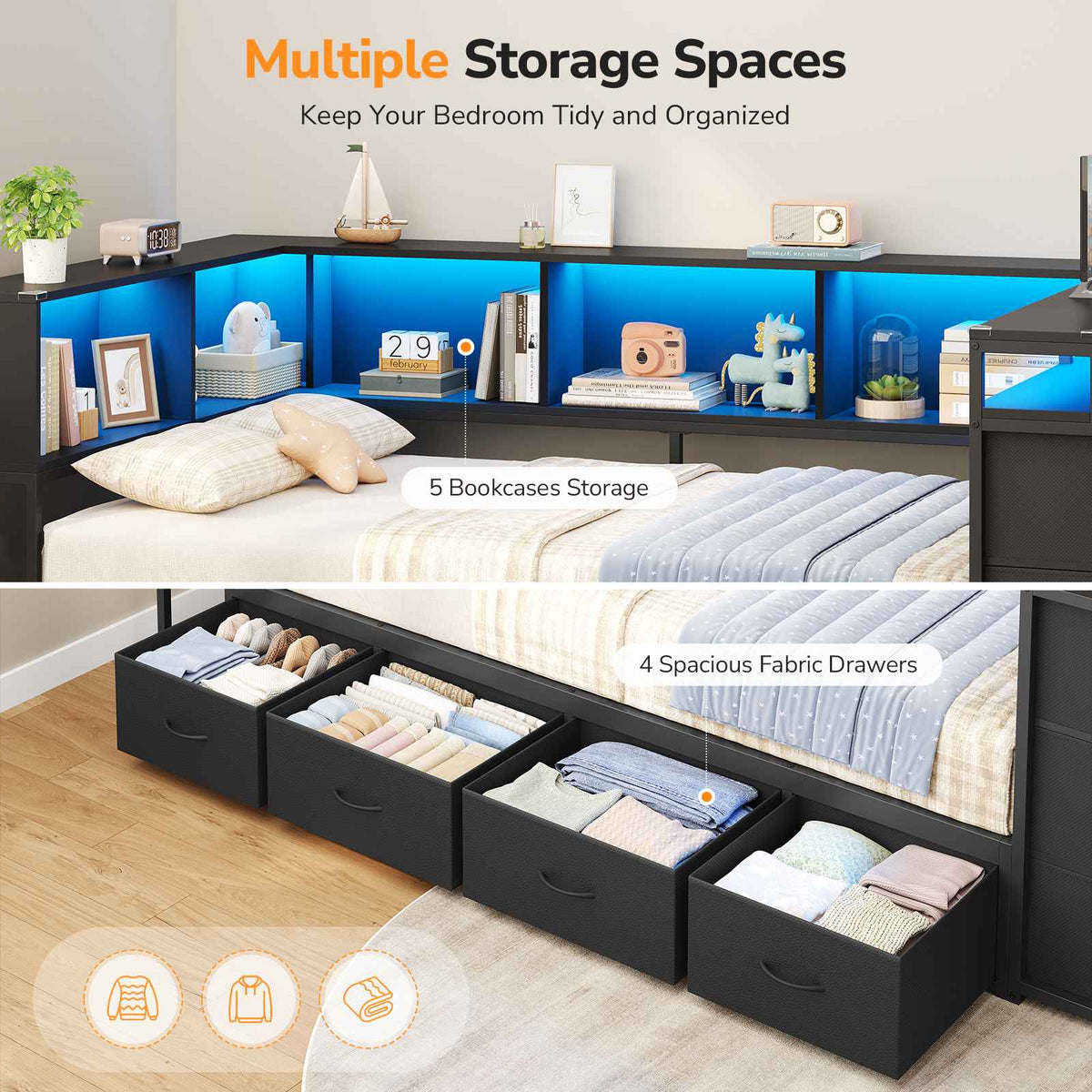 DICTAC | Corner Bed Frame with Computer Desk, Monitor Stand, Storage Shelves, Drawers, Charging Station & RGB LED Lights