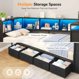 DICTAC | Corner Bed Frame with Computer Desk, Monitor Stand, Storage Shelves, Drawers, Charging Station & RGB LED Lights
