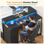 DICTAC | Corner Bed Frame with Computer Desk, Monitor Stand, Storage Shelves, Drawers, Charging Station & RGB LED Lights