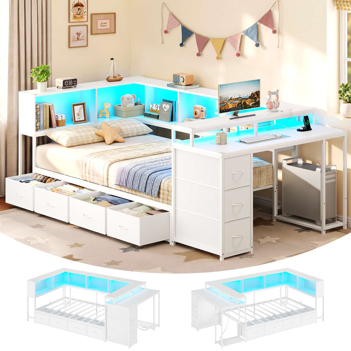 DICTAC | Corner Bed Frame with Computer Desk, Monitor Stand, Storage Shelves, Drawers, Charging Station & RGB LED Lights