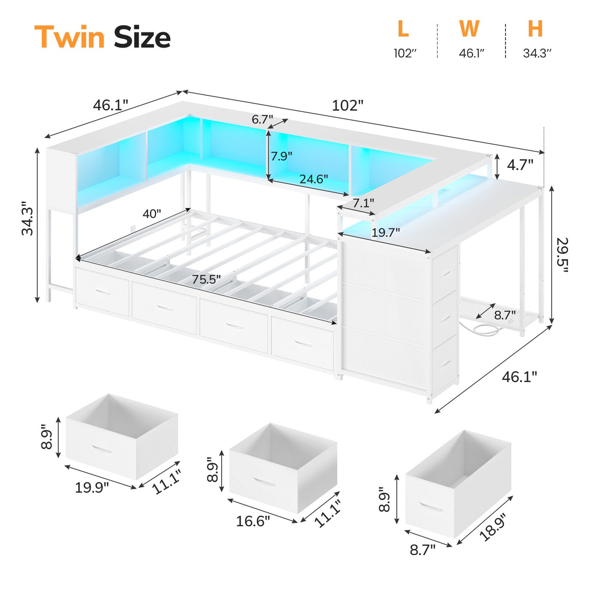DICTAC | Corner Bed Frame with Computer Desk, Monitor Stand, Storage Shelves, Drawers, Charging Station & RGB LED Lights