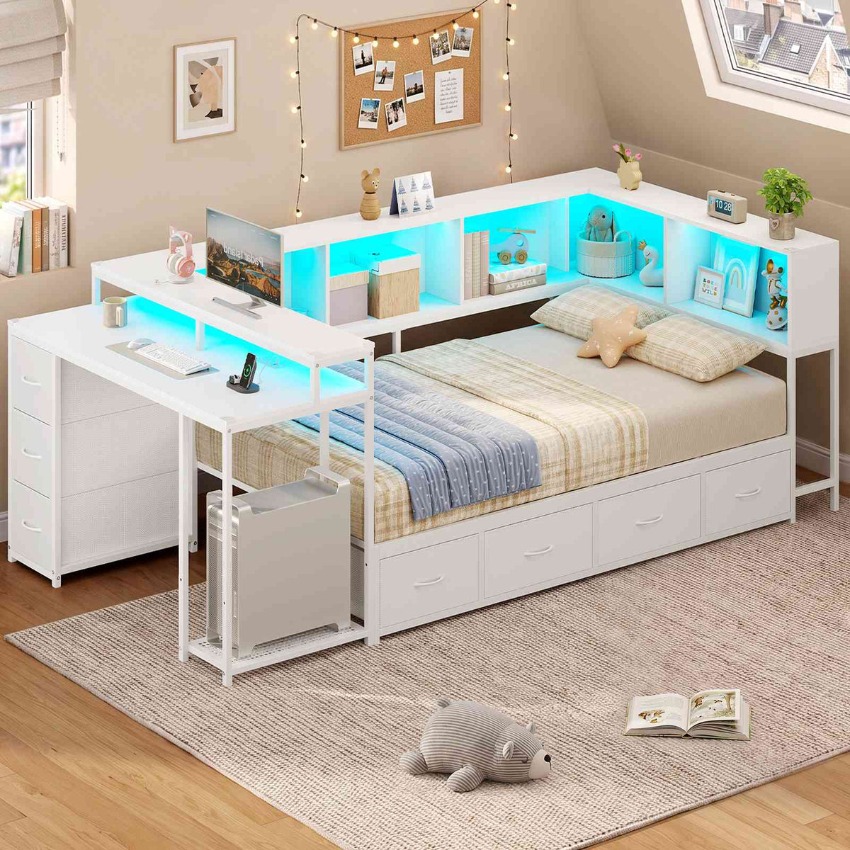 DICTAC | Corner Bed Frame with Computer Desk, Monitor Stand, Storage Shelves, Drawers, Charging Station & RGB LED Lights