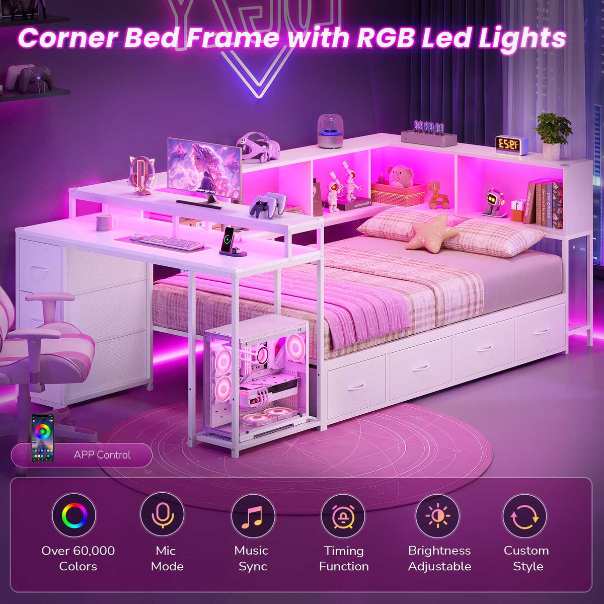 DICTAC | Corner Bed Frame with Computer Desk, Monitor Stand, Storage Shelves, Drawers, Charging Station & RGB LED Lights