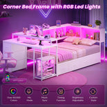 DICTAC | Corner Bed Frame with Computer Desk, Monitor Stand, Storage Shelves, Drawers, Charging Station & RGB LED Lights