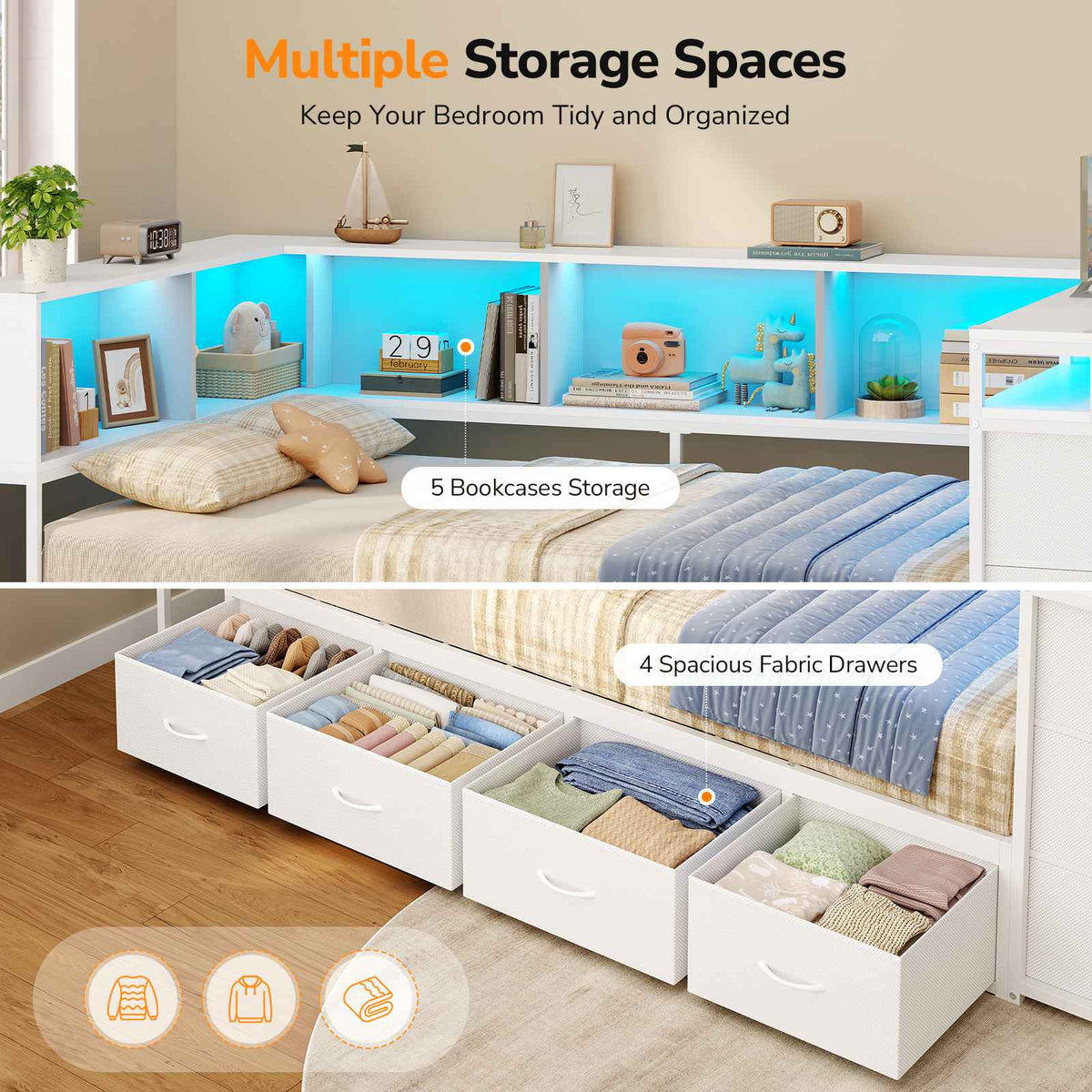 DICTAC | Corner Bed Frame with Computer Desk, Monitor Stand, Storage Shelves, Drawers, Charging Station & RGB LED Lights