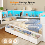 DICTAC | Corner Bed Frame with Computer Desk, Monitor Stand, Storage Shelves, Drawers, Charging Station & RGB LED Lights