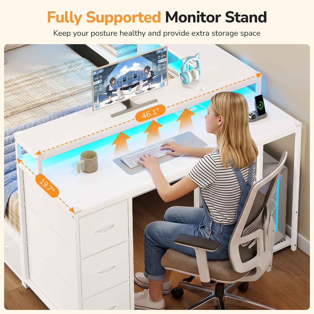 DICTAC | Corner Bed Frame with Computer Desk, Monitor Stand, Storage Shelves, Drawers, Charging Station & RGB LED Lights