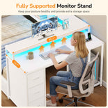 DICTAC | Corner Bed Frame with Computer Desk, Monitor Stand, Storage Shelves, Drawers, Charging Station & RGB LED Lights