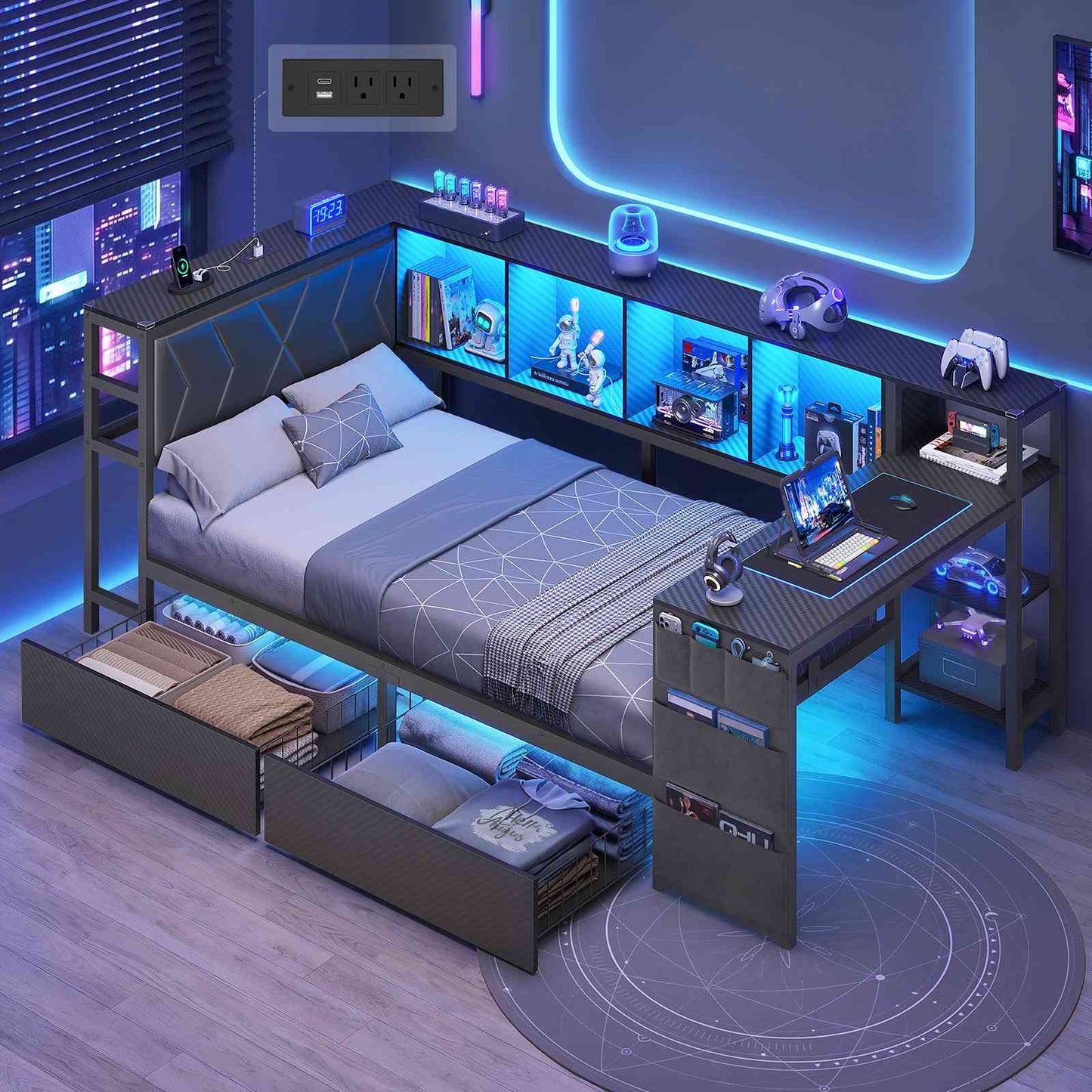 DICTAC | Cyberpunk Gaming Corner Bed Frame with Desk, Storage Drawers, Bookcase, Charging Station & RGB LED Lights, Black