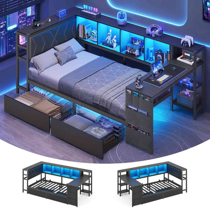 DICTAC | Cyberpunk Gaming Corner Bed Frame with Desk, Storage Drawers, Bookcase, Charging Station & RGB LED Lights, Black