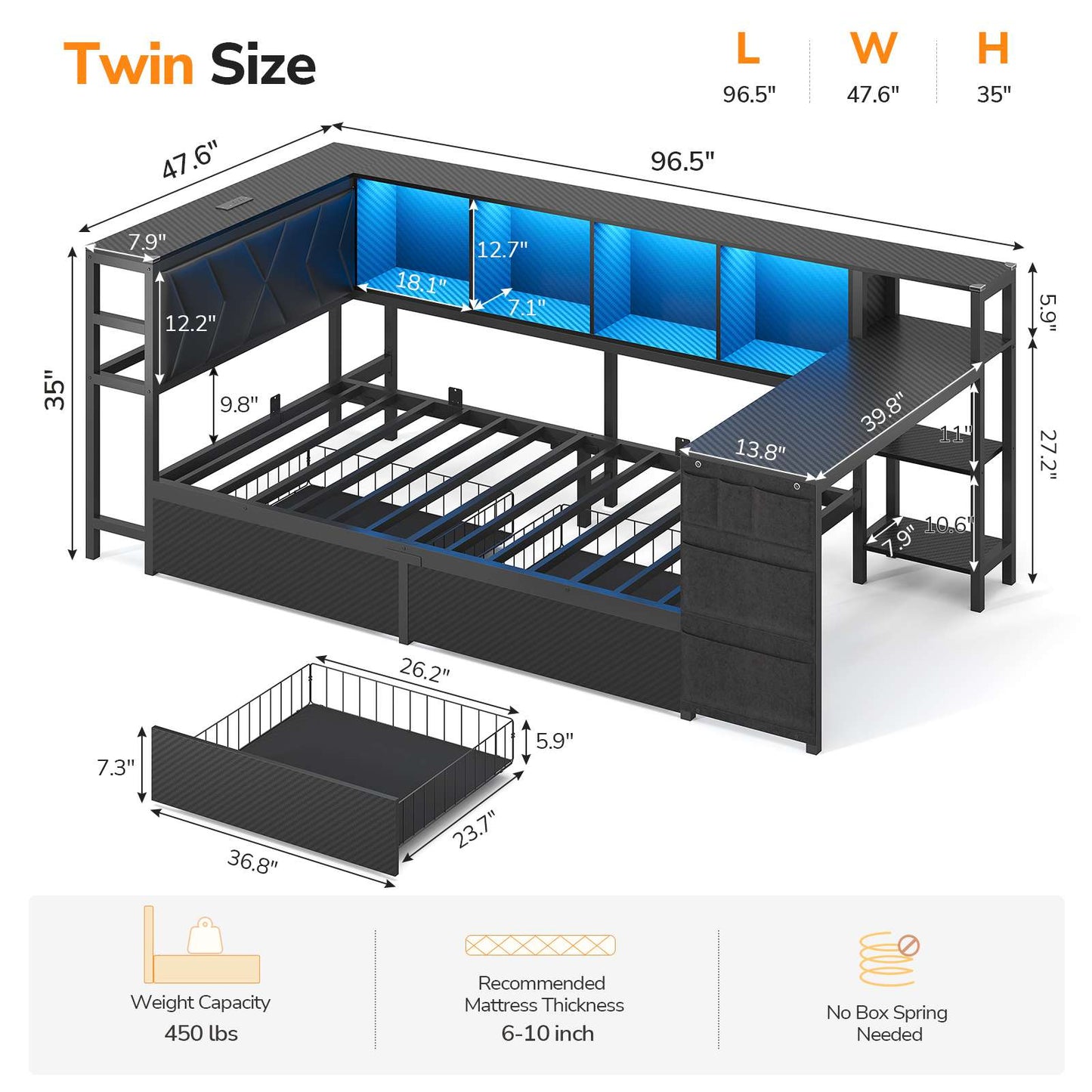 DICTAC | Cyberpunk Gaming Corner Bed Frame with Desk, Storage Drawers, Bookcase, Charging Station & RGB LED Lights, Black