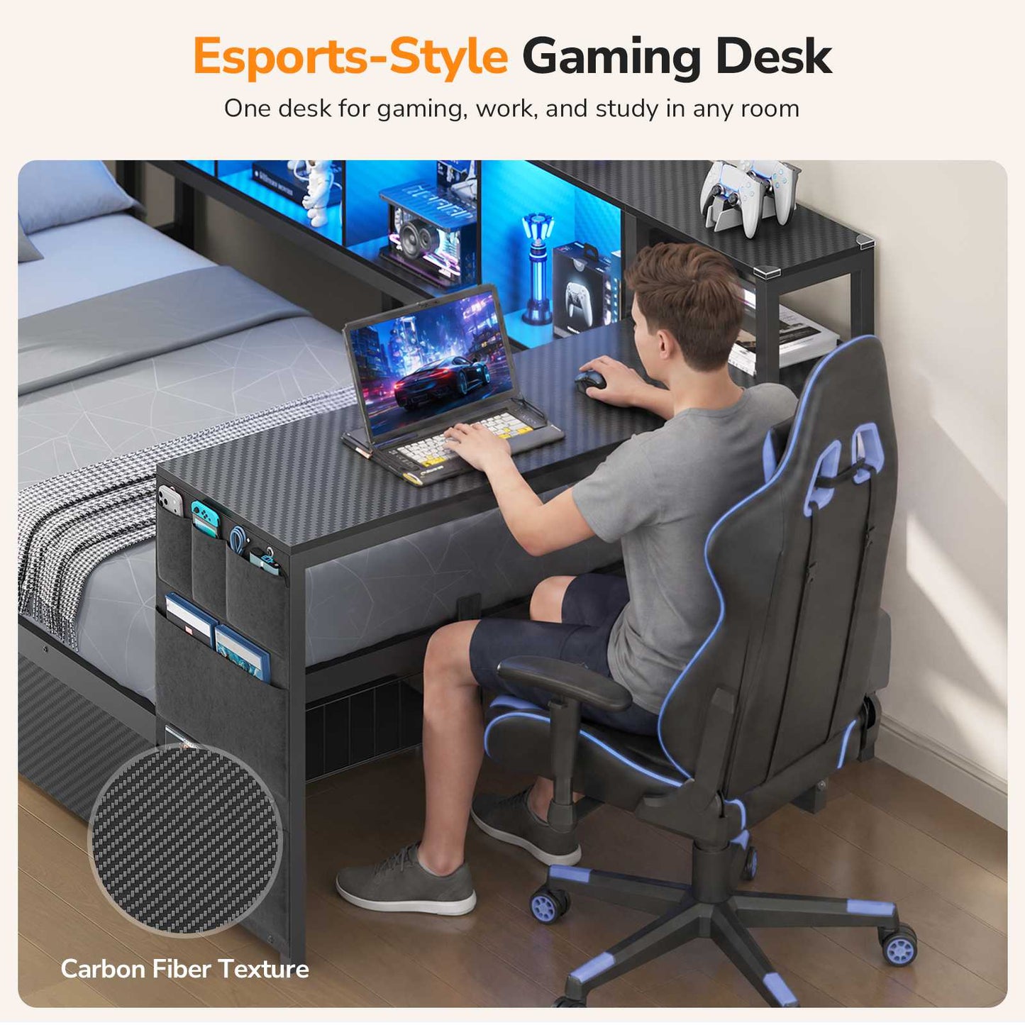DICTAC | Cyberpunk Gaming Corner Bed Frame with Desk, Storage Drawers, Bookcase, Charging Station & RGB LED Lights, Black