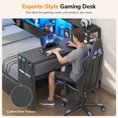 DICTAC | Cyberpunk Gaming Corner Bed Frame with Desk, Storage Drawers, Bookcase, Charging Station & RGB LED Lights, Black