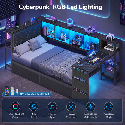 DICTAC | Cyberpunk Gaming Corner Bed Frame with Desk, Storage Drawers, Bookcase, Charging Station & RGB LED Lights, Black