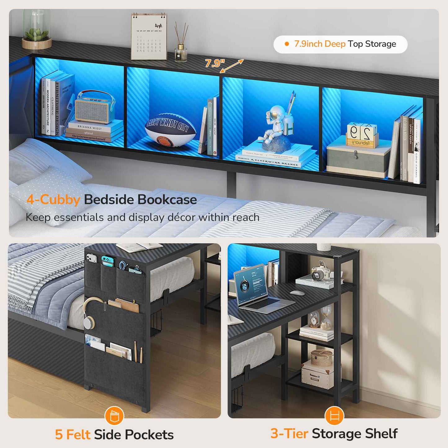 DICTAC | Cyberpunk Gaming Corner Bed Frame with Desk, Storage Drawers, Bookcase, Charging Station & RGB LED Lights, Black