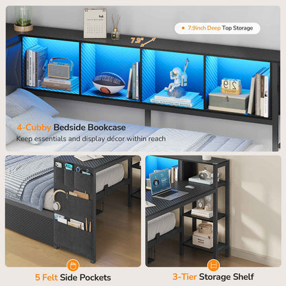 DICTAC | Cyberpunk Gaming Corner Bed Frame with Desk, Storage Drawers, Bookcase, Charging Station & RGB LED Lights, Black
