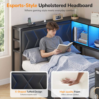 DICTAC | Cyberpunk Gaming Corner Bed Frame with Desk, Storage Drawers, Bookcase, Charging Station & RGB LED Lights, Black