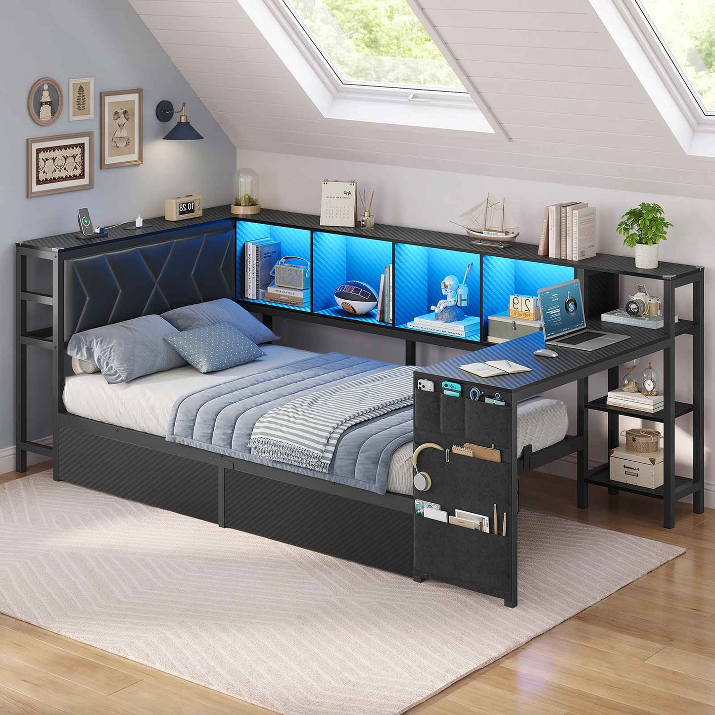 DICTAC | Cyberpunk Gaming Corner Bed Frame with Desk, Storage Drawers, Bookcase, Charging Station & RGB LED Lights, Black