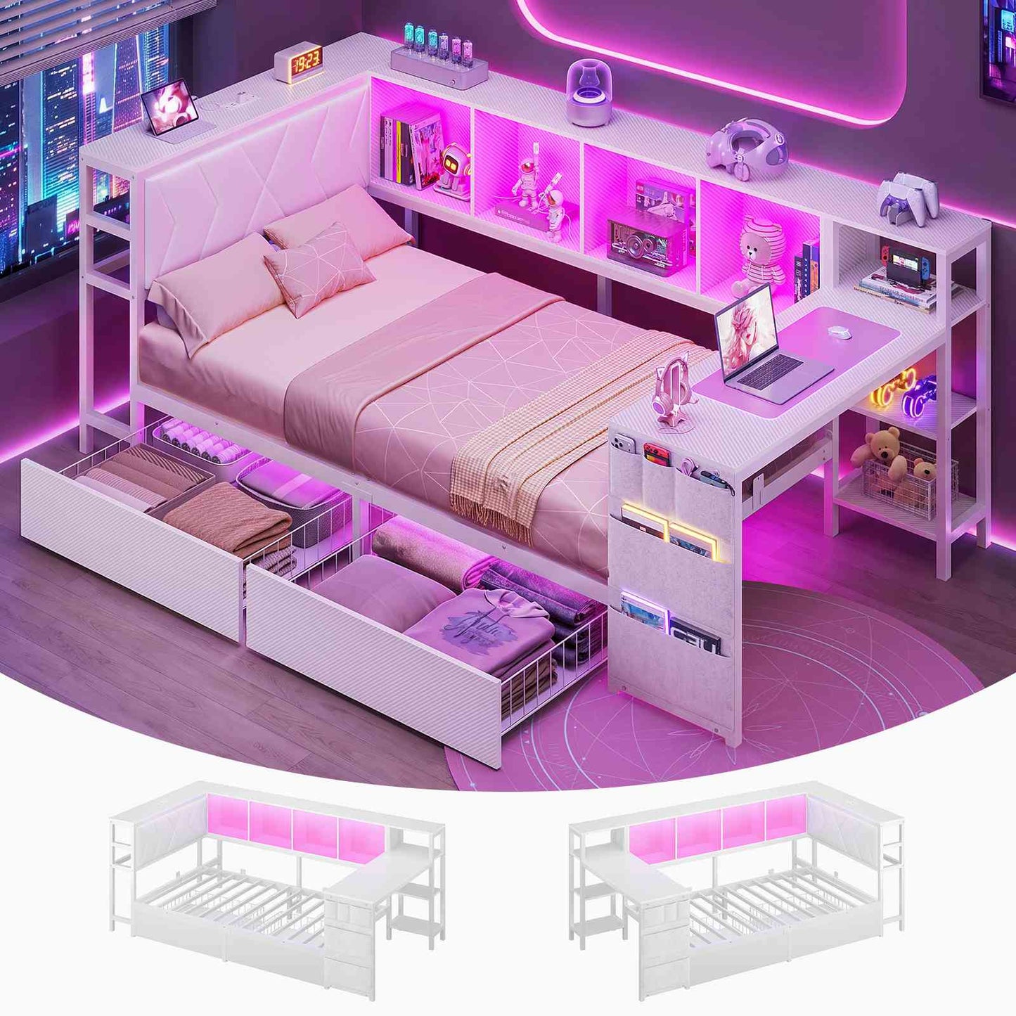 DICTAC | Cyberpunk Gaming Corner Bed Frame with Desk, Storage Drawers, Bookcase, Charging Station & RGB LED Lights, White