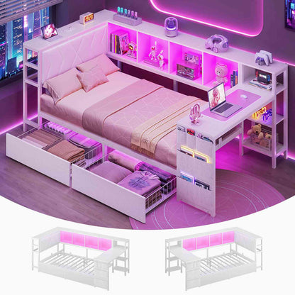 DICTAC | Cyberpunk Gaming Corner Bed Frame with Desk, Storage Drawers, Bookcase, Charging Station & RGB LED Lights, White