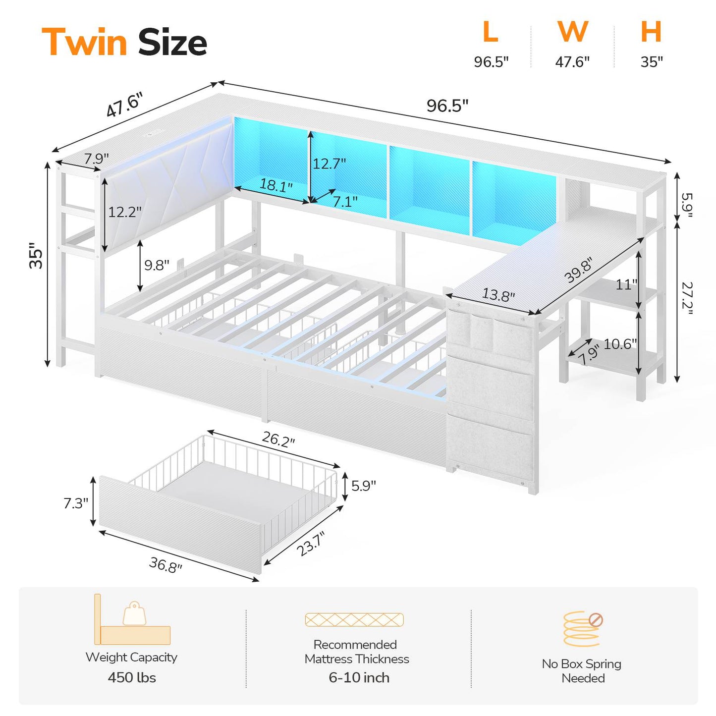 DICTAC | Cyberpunk Gaming Corner Bed Frame with Desk, Storage Drawers, Bookcase, Charging Station & RGB LED Lights, White