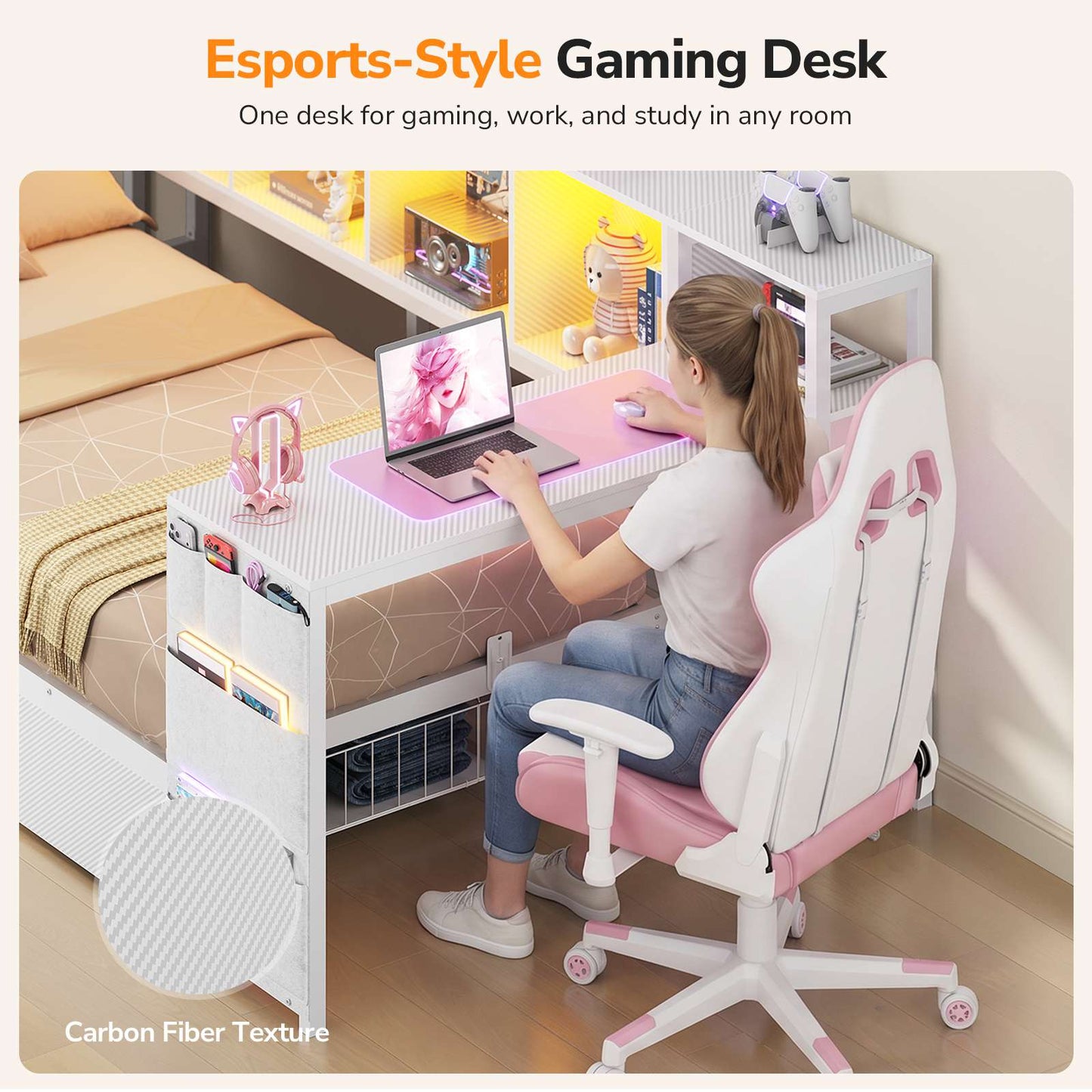 DICTAC | Cyberpunk Gaming Corner Bed Frame with Desk, Storage Drawers, Bookcase, Charging Station & RGB LED Lights, White