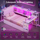 DICTAC | Twin Gaming Corner Bed with Desk, 2 Storage Drawers, Charging Station & RGB LED Lights - White