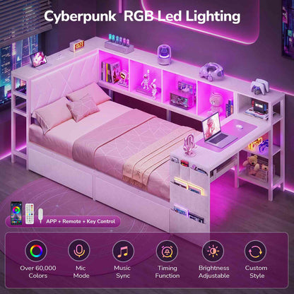 DICTAC | Cyberpunk Gaming Corner Bed Frame with Desk, Storage Drawers, Bookcase, Charging Station & RGB LED Lights, White