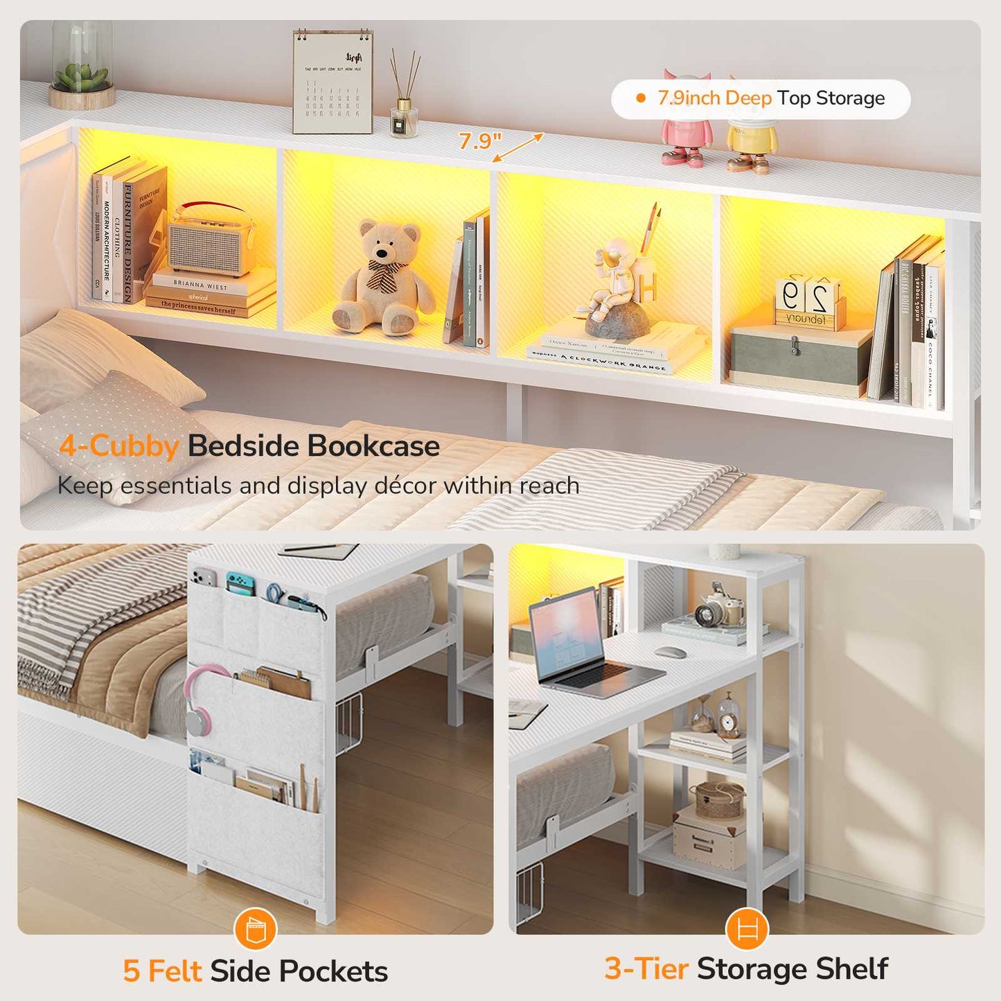 DICTAC | Cyberpunk Gaming Corner Bed Frame with Desk, Storage Drawers, Bookcase, Charging Station & RGB LED Lights, White