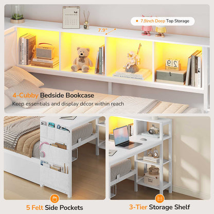 DICTAC | Cyberpunk Gaming Corner Bed Frame with Desk, Storage Drawers, Bookcase, Charging Station & RGB LED Lights, White