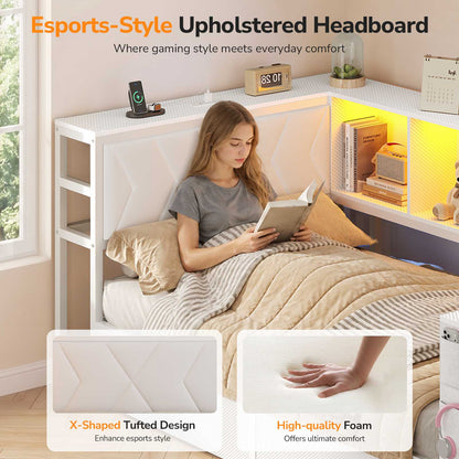 DICTAC | Cyberpunk Gaming Corner Bed Frame with Desk, Storage Drawers, Bookcase, Charging Station & RGB LED Lights, White
