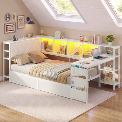 DICTAC | Cyberpunk Gaming Corner Bed Frame with Desk, Storage Drawers, Bookcase, Charging Station & RGB LED Lights, White