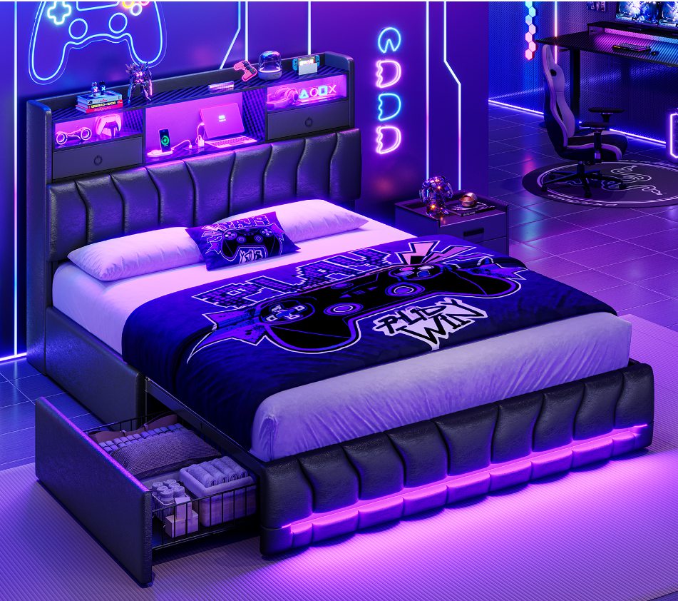 DICTAC | Gaming Bed Frame with Storage Headboard, RGB LED Lights, Charging Station & Drawers, Upholstered Platform Bed, Black
