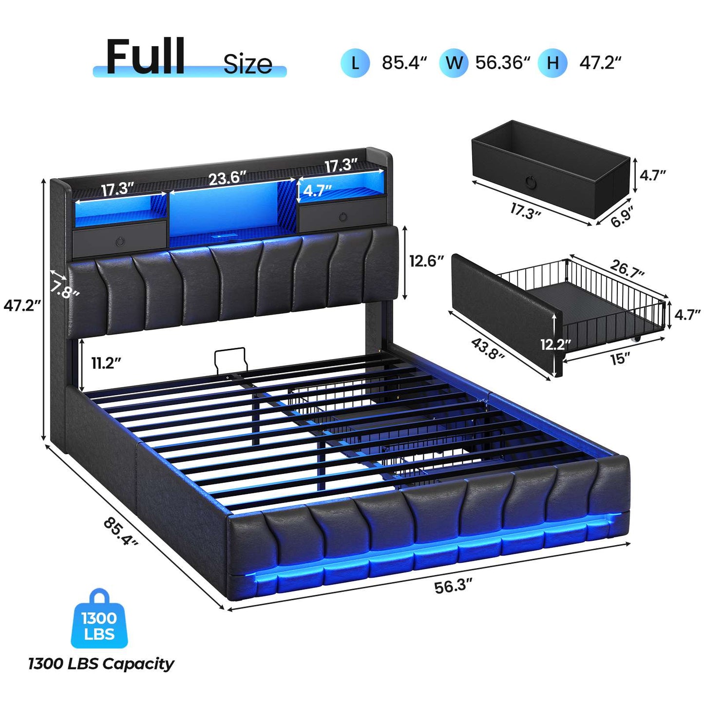 DICTAC | Gaming Bed Frame with Storage Headboard, RGB LED Lights, Charging Station & Drawers, Upholstered Platform Bed, Black