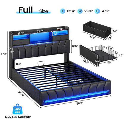 DICTAC | Gaming Bed Frame with Storage Headboard, RGB LED Lights, Charging Station & Drawers, Upholstered Platform Bed, Black