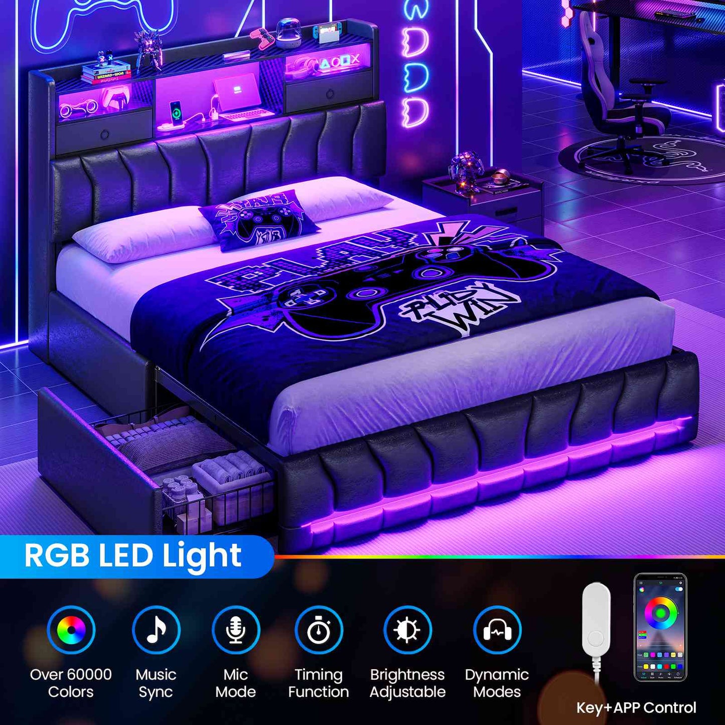 DICTAC | Gaming Bed Frame with Storage Headboard, RGB LED Lights, Charging Station & Drawers, Upholstered Platform Bed, Black