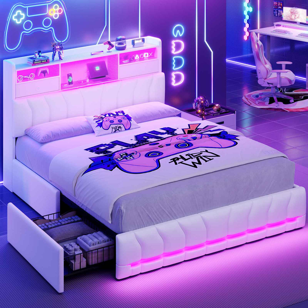DICTAC | Twin Gaming Bed Frame with Storage Headboard, RGB Lights, Charging Station & Drawers, Upholstered Platform Bed, White