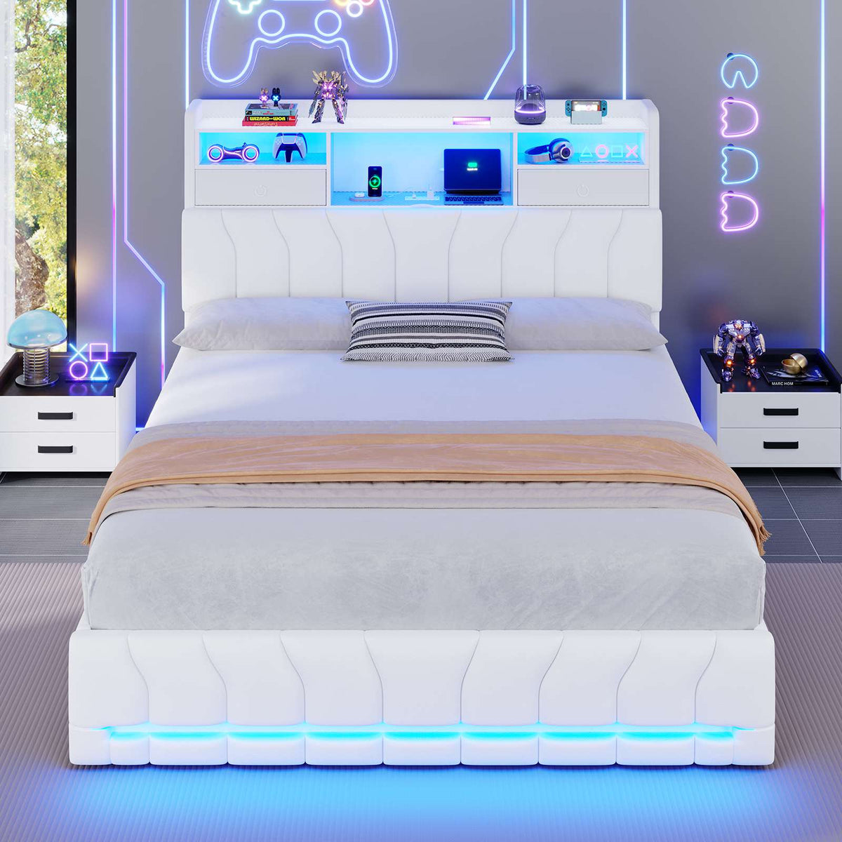DICTAC | Twin Gaming Bed Frame with Storage Headboard, RGB Lights, Charging Station & Drawers, Upholstered Platform Bed, White