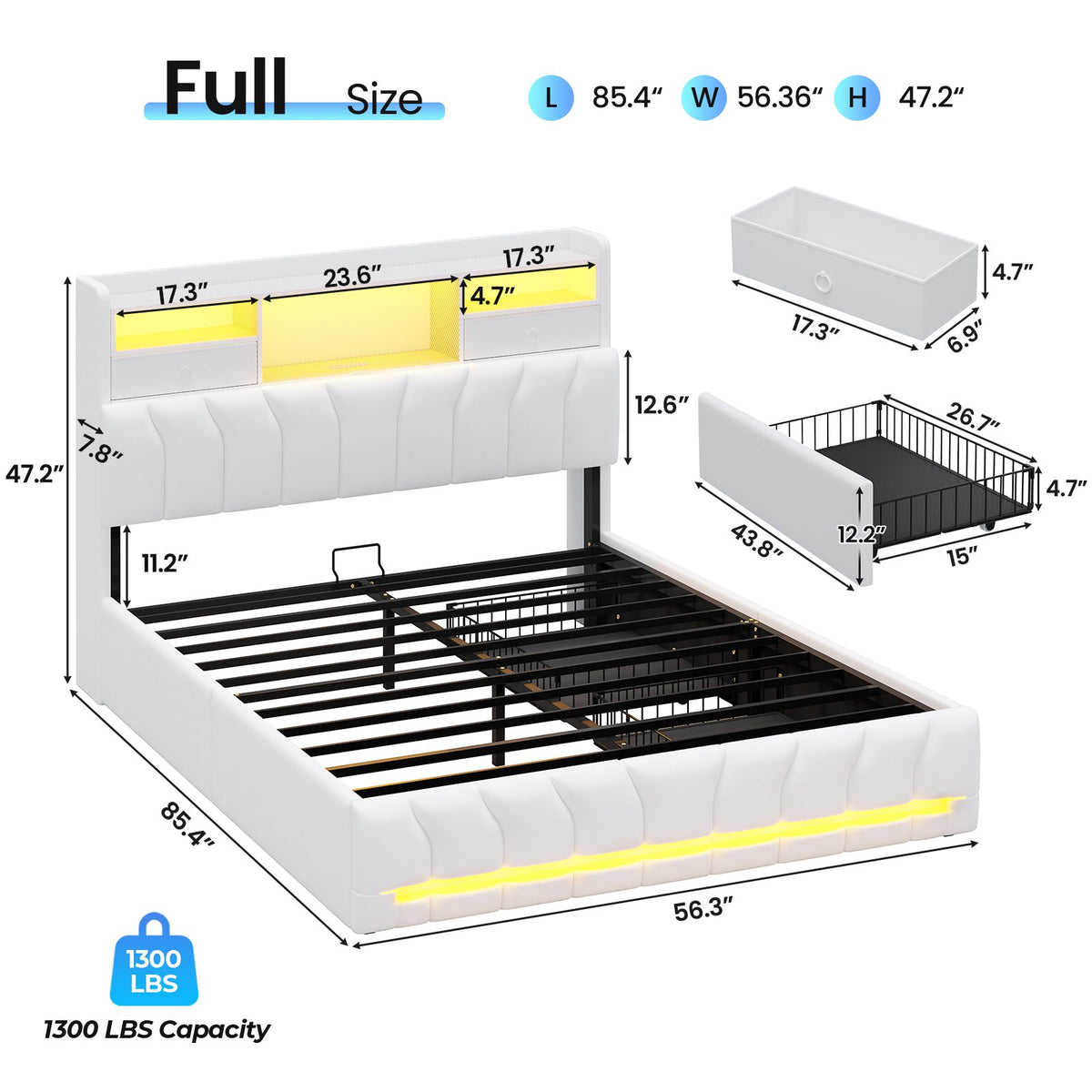 DICTAC | Twin Gaming Bed Frame with Storage Headboard, RGB Lights, Charging Station & Drawers, Upholstered Platform Bed, White