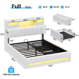 DICTAC | Twin Gaming Bed Frame with Storage Headboard, RGB Lights, Charging Station & Drawers, Upholstered Platform Bed, White